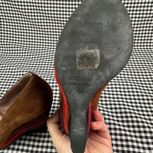 Miu Miu Vintage Y2K Suede Brown Rainbow Wedge Peep Toe Heel EU 38.5 / US 8.5 - Picture 6 of 7